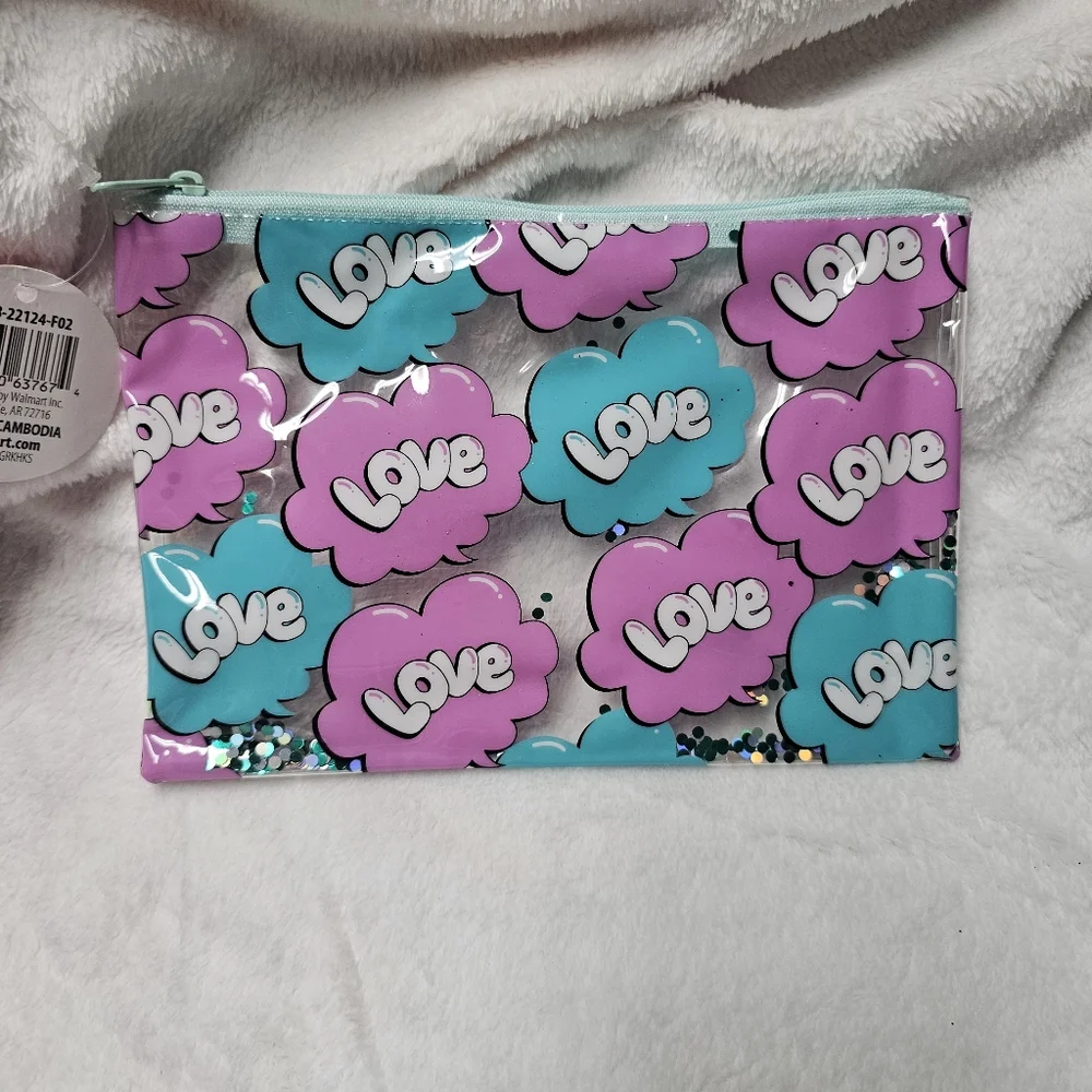 Love Pastel Blue and Purple Glitter Fidget Zippered Pouch